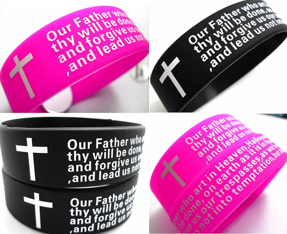 100pcs inspirerande engelska Lords bön Christian Mens Kvinnor Mode Kors Silikon Armband Partihandel Armband Cuffjewelry Lots