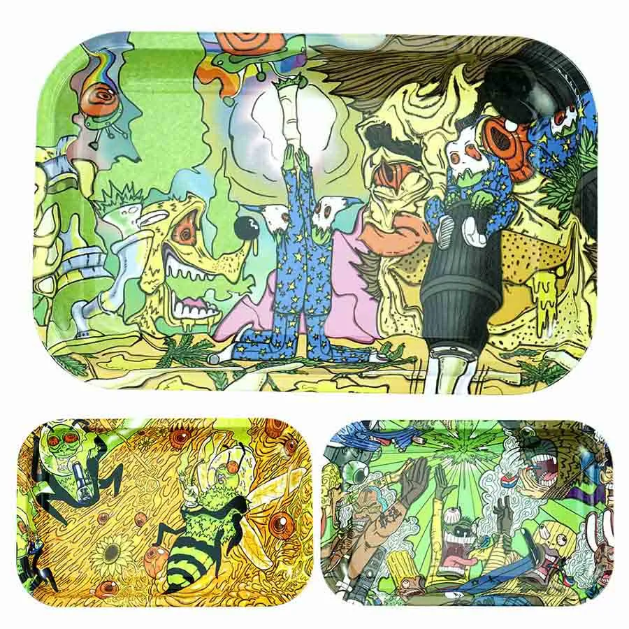 6.9 ''*10.8 '' Rolling Tray Metal Pan Cartoon Mönster Trays Röker rullpannor Tobak Herb Handroller för rök