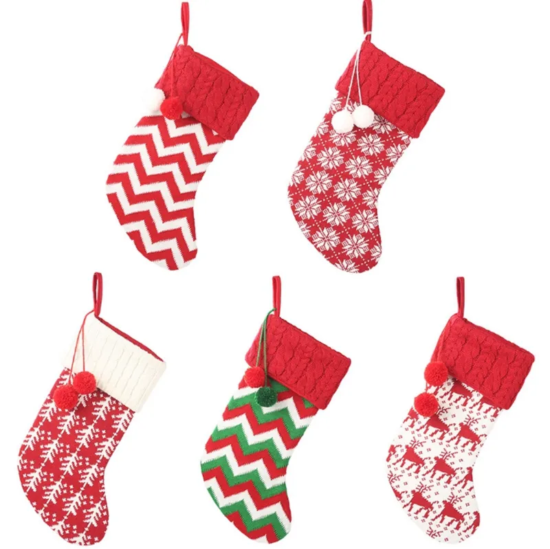 Christmas Stocking Knit Xmas Stockings Wool Santa Gift Bag Christmas Tree Decorations Kids Gift Elk 5 Designs 20pcs DW4222