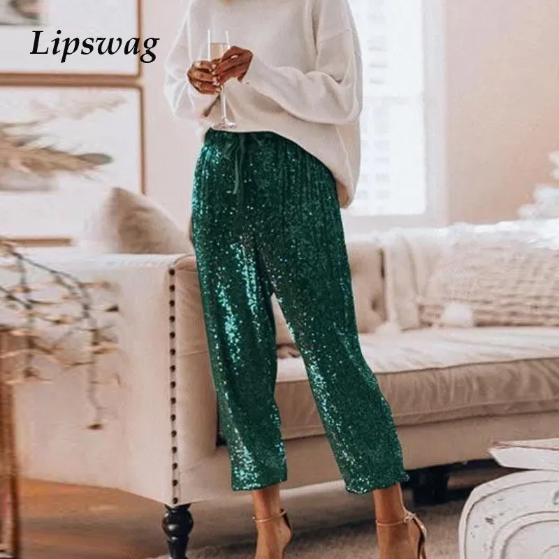 Seksi Payetli Glitter Parlak Uzun Pantolon Kadın 2020 Bahar Rahat Elastik Düz Sweatpants Lady Streetwear Gevşek Kemer Pantolon T200727