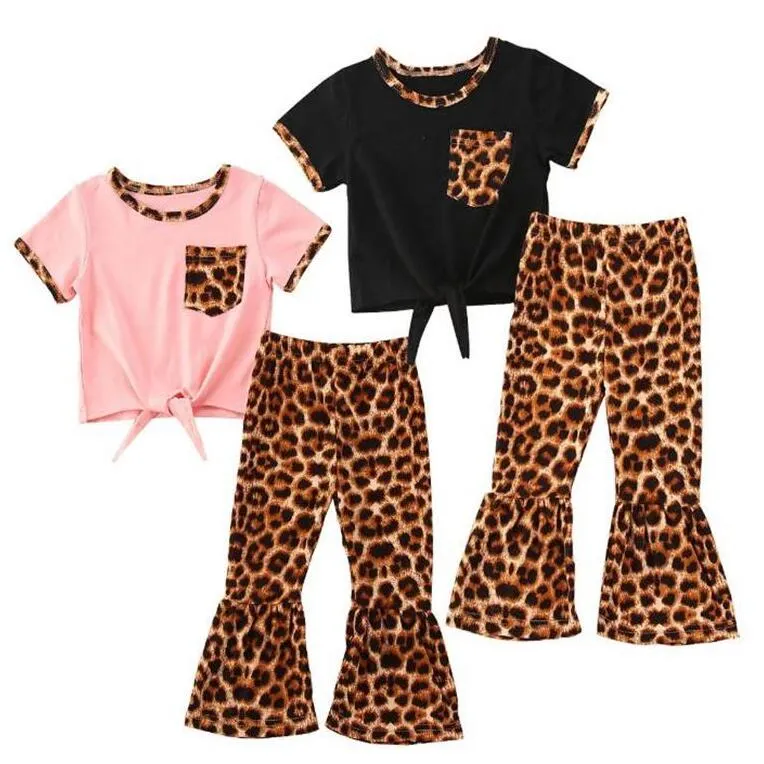 Baby Designer Clothes Girls Clothing Sets Baby Leopard Top Flare Pants Outfits Toddler Short Sleeve Summer T-Shirts Bell-bottom Suits LSK509