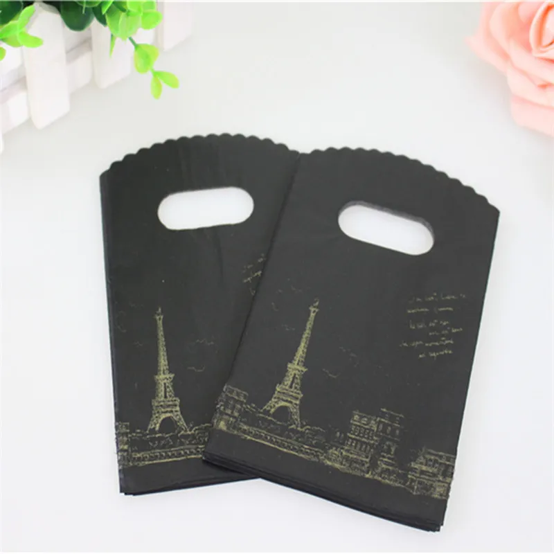 Offre spéciale, nouveau Design, vente en gros, 200 pièces/lot, 9x15cm, pochettes d'emballage cadeau tour Eiffel noire de haute qualité, petits sacs cadeaux