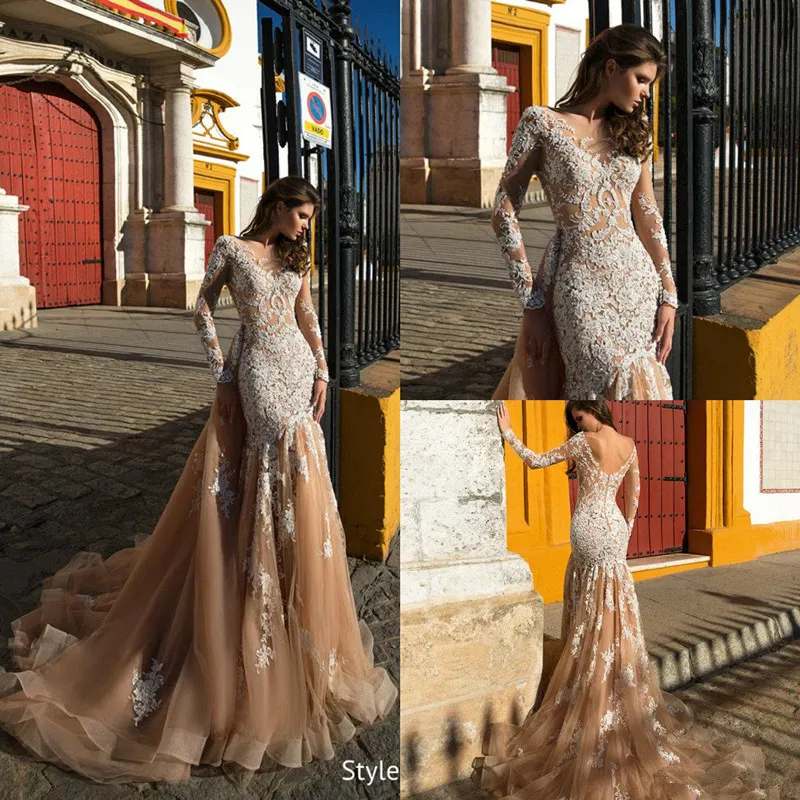 Abiti da sposa a sirena a maniche lunghe con illusione di champagne avorio con strascico staccabile 2021 Abiti da sposa da sposa con castello da giardino senza schienale