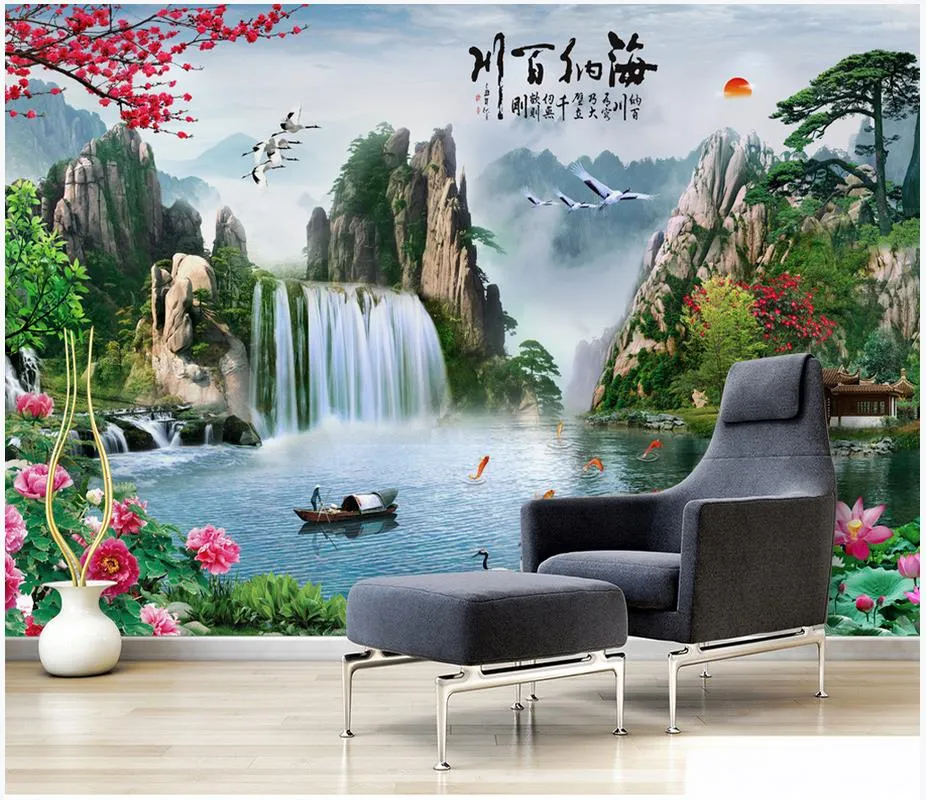 Custom photo wallpapers for walls 3d mural Chinese style idyllic waterfall landscape scenery bedroom TV background wall landscape painting