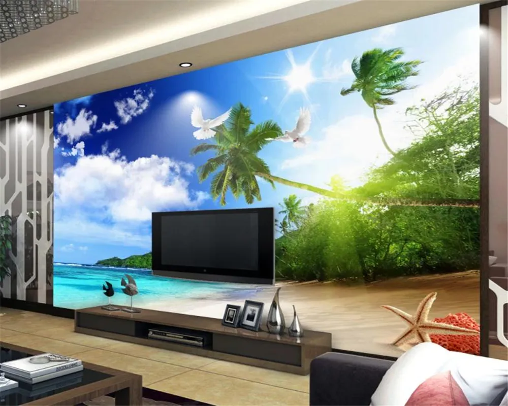 Hem kök 3d tapet blå himmel vit moln strand seascape tv background wall hd superior interiör dekorationer tapeter