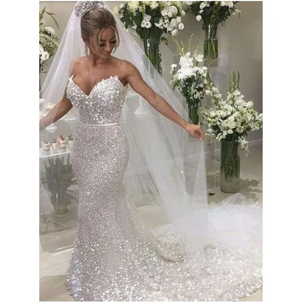 스파클 흰색 스팽글 끈이없는 섹시한 인어 웨딩 드레스 2020 럭셔리 플러스 크기의 환상 웨딩 드레스 신부 가운 드 2371