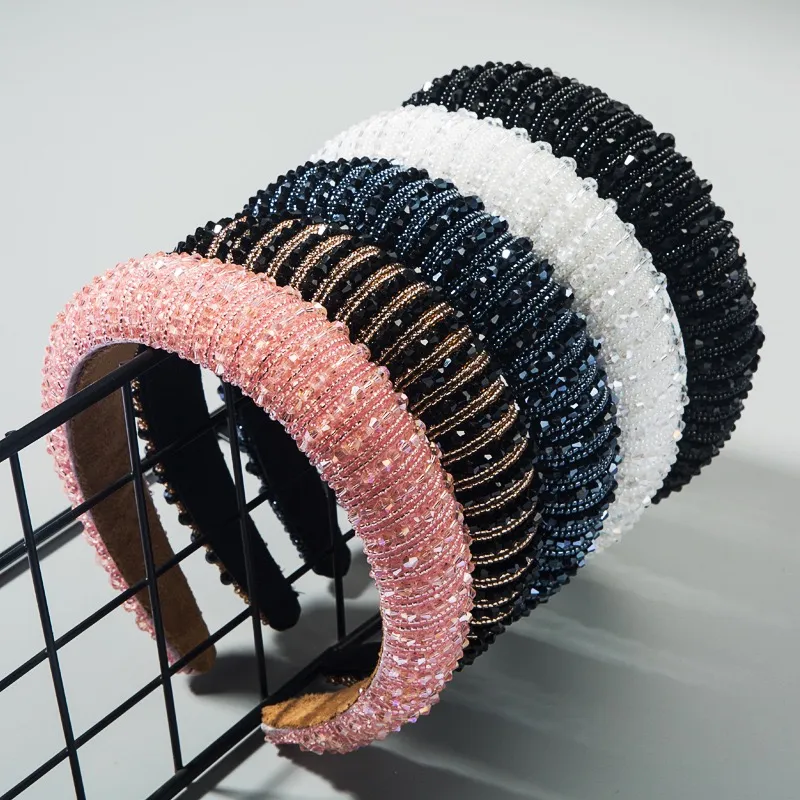 Korean Hair Accessories Sponge Headbands Band Simple Wide Edge Shiny Fashion Handmade Bead Headband 6 Colors Wholesale