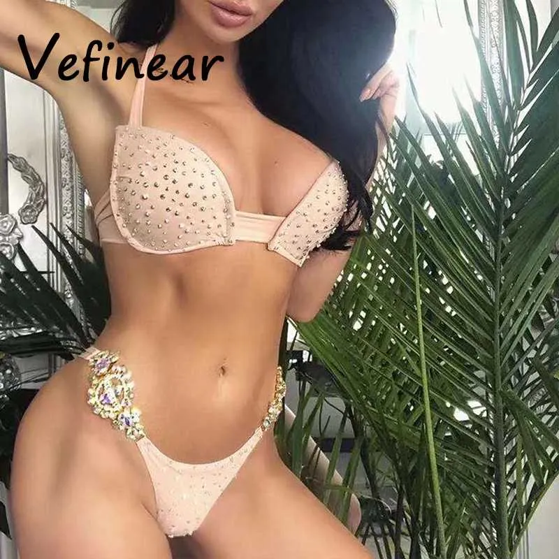 Sexig rosa bikini Set Women 2020 Crystal Rhinestones Diamond Push Up Swimsuit Bathing Suit Bathers Thong Badkläder Biquini