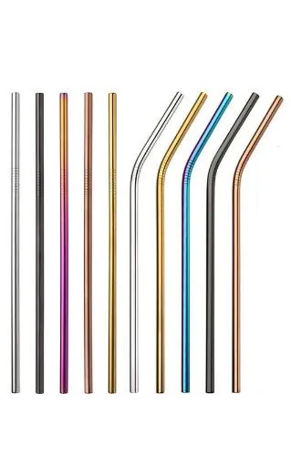 6 * 215mm 304 Rostfritt stål Halm Bent och rakt återanvändbart Färgglada halmdryckstråar Metal Straw Cleaner Brush Bar