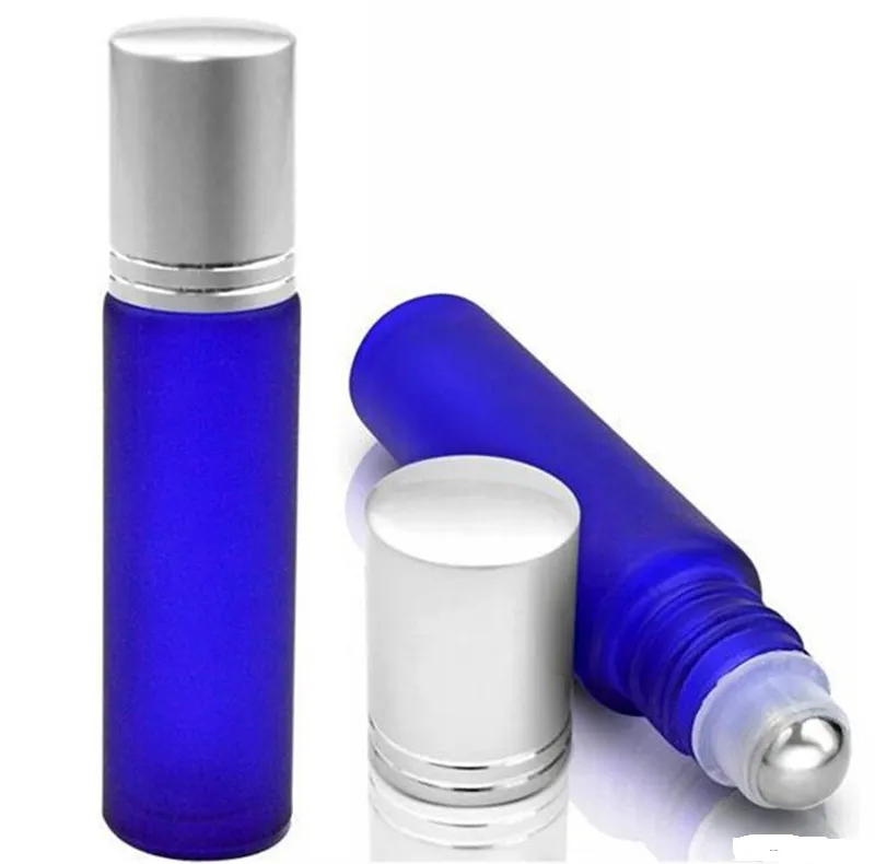 Blue 10ml Frosted Glass Roll On W/ Stainless Steel Roller Ball Essential Oils Perfume Bottles 200pcs/lot BY DHL Free Shipping