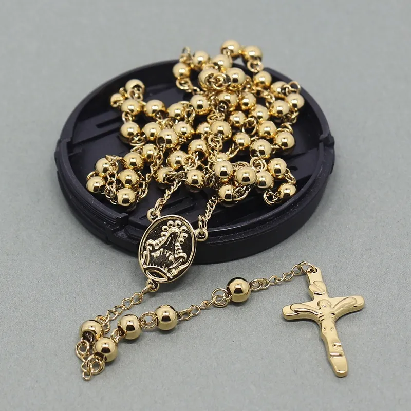 Collana a catena con rosario cattolico da 6 mm Collana con croce in acciaio inossidabile Collana da uomo o da donna a catena lunga per regalo di Natale