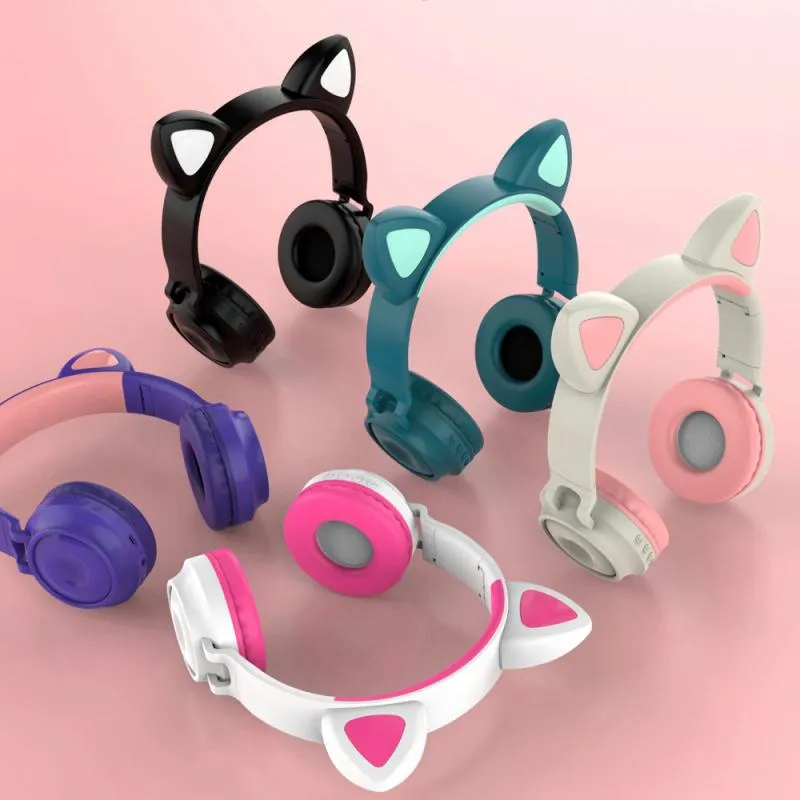 Söt trådlösa hörlurar Glödande Bluetooth 5.0 Hörlurar för tjejer Cat Ear Headset HiFi stereo musik med mikrofon