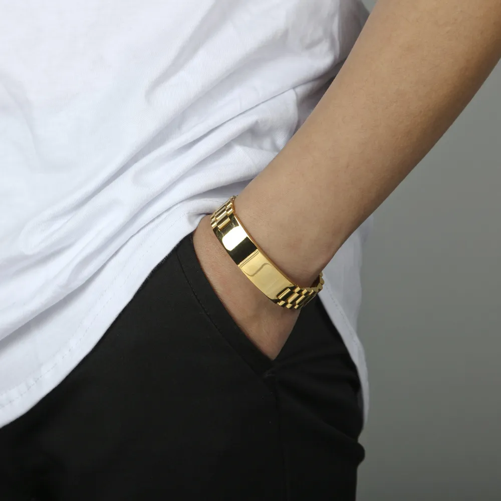 New Mens Watch Bracelet Gold Plated Stainless Steel Links Cuff Bangles Hip Hop Jewelry For Men Gift