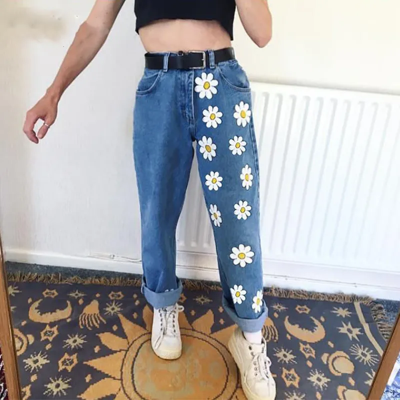 Moda Chic Mulher calça jeans cintura alta 2020 retas cute denim fêmea  calças compridas calças margaridas do vintage impressos Mulheres Jeans