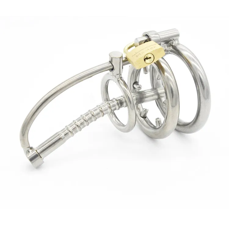 Stainless Steel Cock Cage Male Chastity Device with Catheter and Anti-Shedding Ring Virginity Penis Lock BDSM Sex Toys