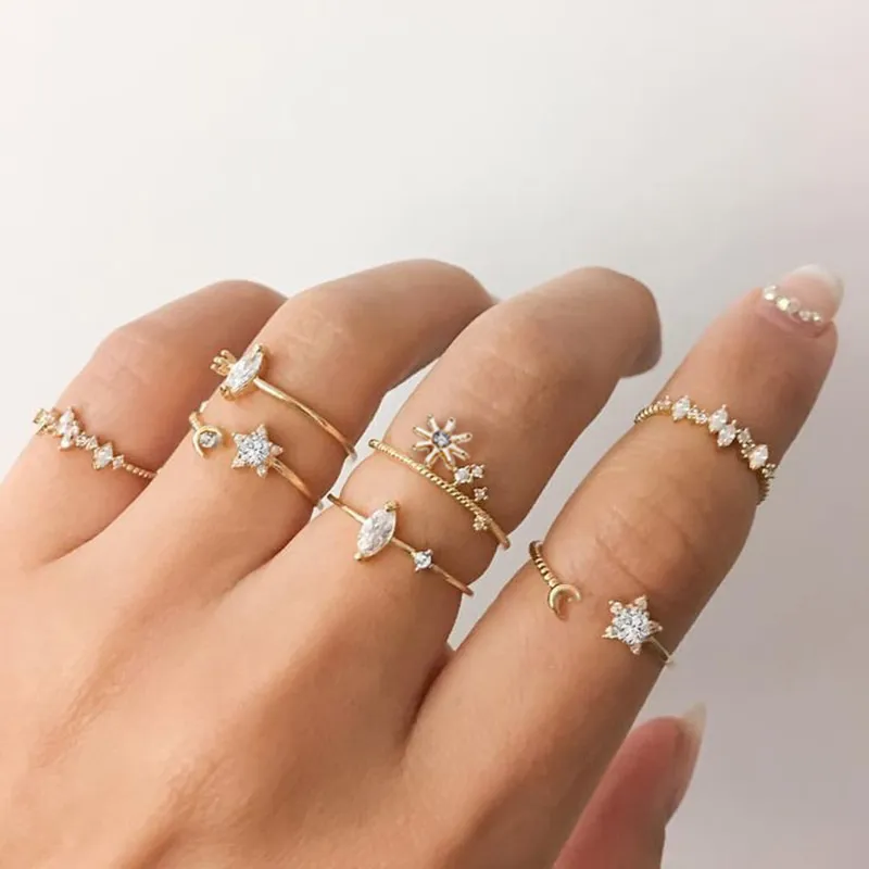 Kobiety Bohemian Star Moon Style Pierścień Pierścień Creative Retro Proste wspólne pierścienie biżuteria mody 7 sztuk / zestaw