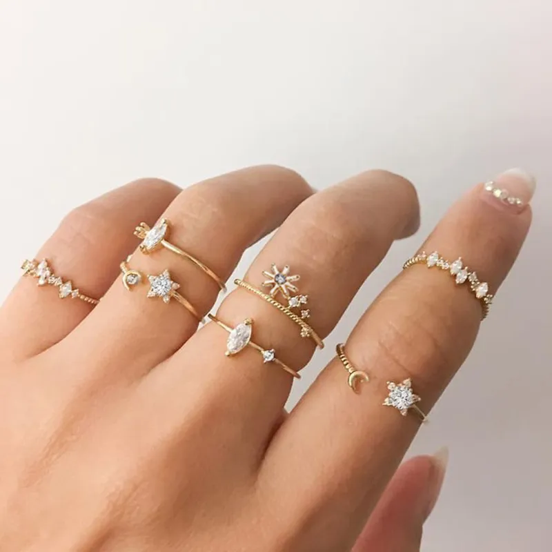 Vrouwen Boheemian Star Moon Style Ring Set Creative Retro Simple Joint Rings Fashion Jewelry 7 -delige / set