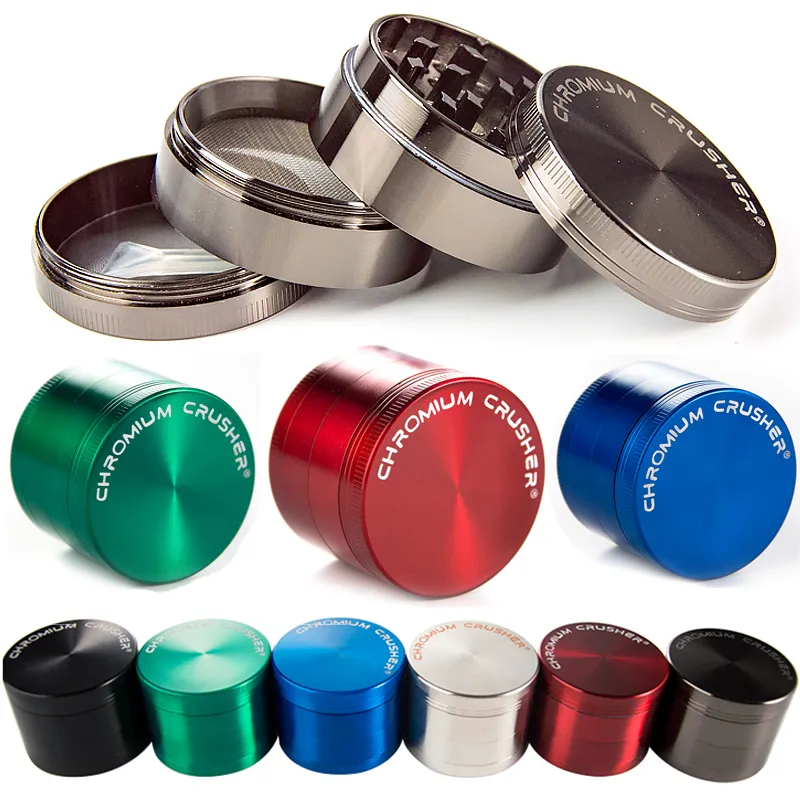 Chrom Crusher Herb Grinders 4 Lager Zinc Alloy Metalkvarn 40mm 50mm 55mm 63mm Diameter Tobaksrök tillbehör 6 färger