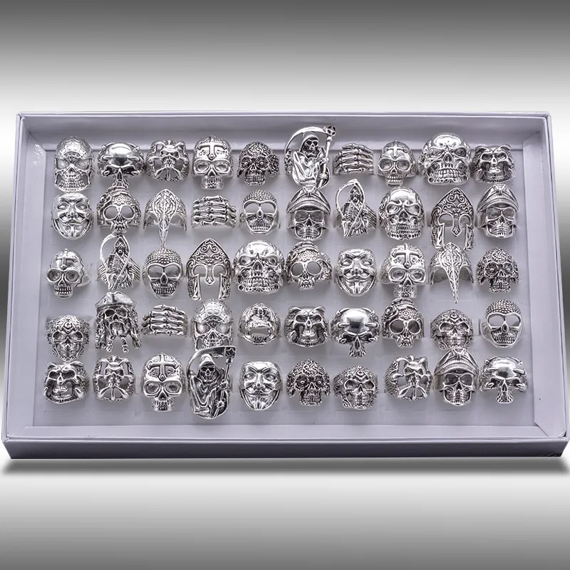 Free Shipping Mixed 20pcs Top-quality Gothic Punk Assorted Wholesale Lots Skull Style Bikers Men's Vintage Tibetan Rings