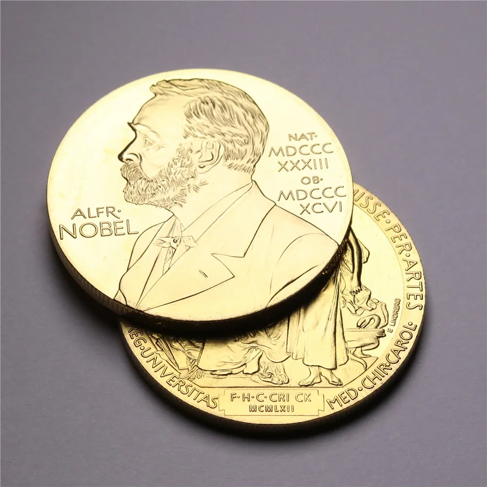 Nobel Goldmünze 24K Goldplated Gedenkmedaillen Fremdes Abzeichen Sammlung Geschenk lot Inventas Vitam iuvat exoluisse pro AR8273418