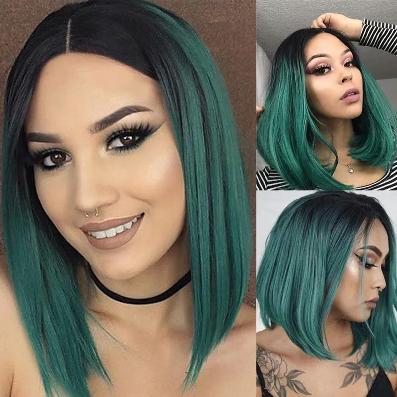 Green Lace Front Wigs Dark Roots Ombre Green 2 Tone Color Short Bob Wig Heat Resistant Fiber Synthetic Hair Glueless Lace Wigs for Women