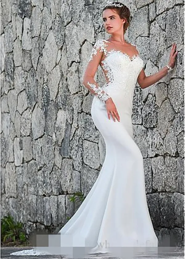 chinese dress ladies Ethereal Mermaid Plunging Neck Chiffon Tulle Wedding Dress with Appliques Diamond White / 6 main image 0