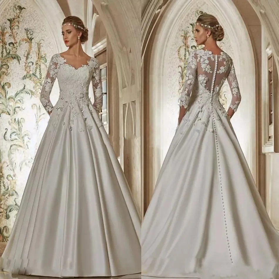 Classic Satin A Line Wedding Dresses 2021 V Neck Long Sleeve Floral Appliques Bridal Gowns Buttons Back Sweep Train Vestidos De Novia AL6627