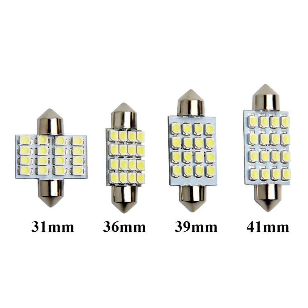 50pcs Lot Festoon 31mm 36mm 39mm 41mm C5W LED Dome Ampuller 16 SMD 3528 Araba LED İç Işıklar Otomatik Okuma Lambaları Beyaz 12v209o