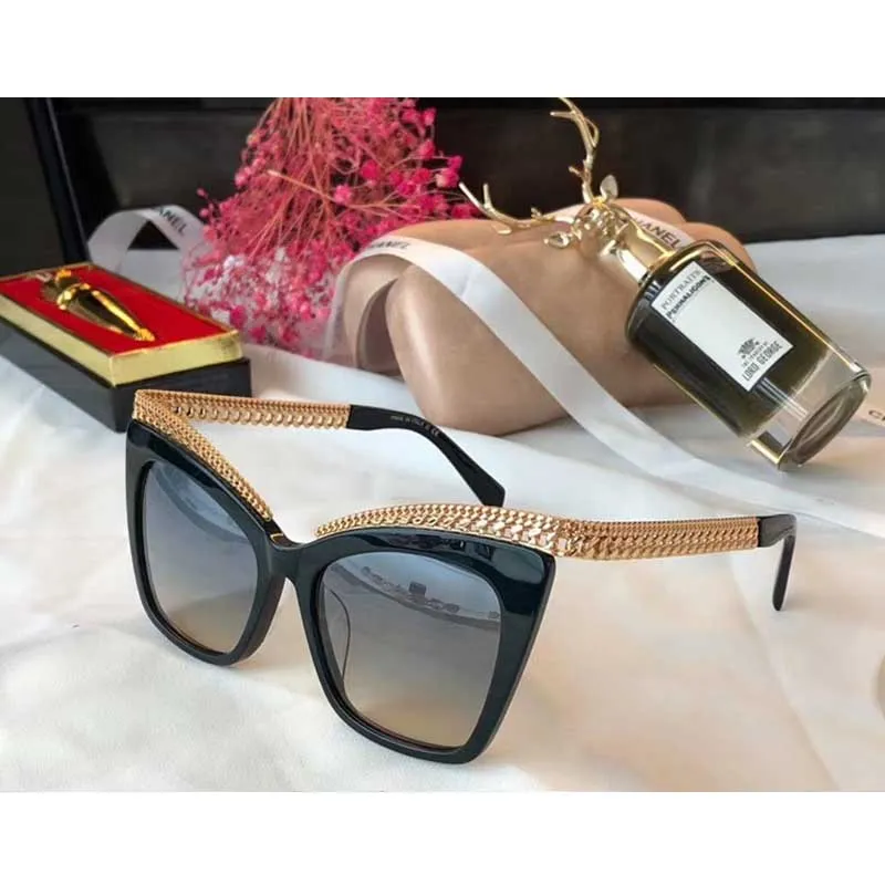 Slim design gold white cat eye frame sunglasses brown gradient lenses Sonnenbrille Luxury Designer yellow gold chain temple with original ch