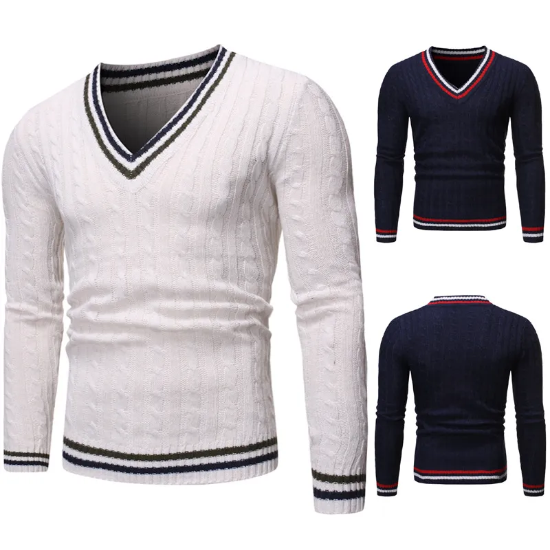 DHgate.com:Mens White V-Neck Cable Knit Sweater Long Sleeve