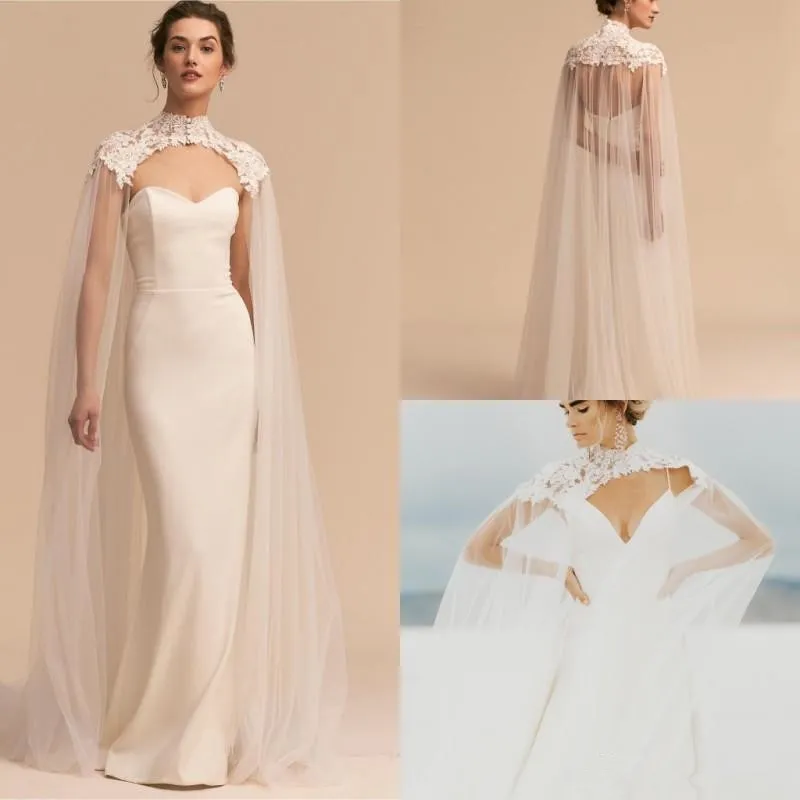 Nyaste Tulle Long High Neck Bröllop Cape Lace Jacka Bolero Wrap Vit Elfenben Kvinnor Bridal Tillbehör Skräddarsy