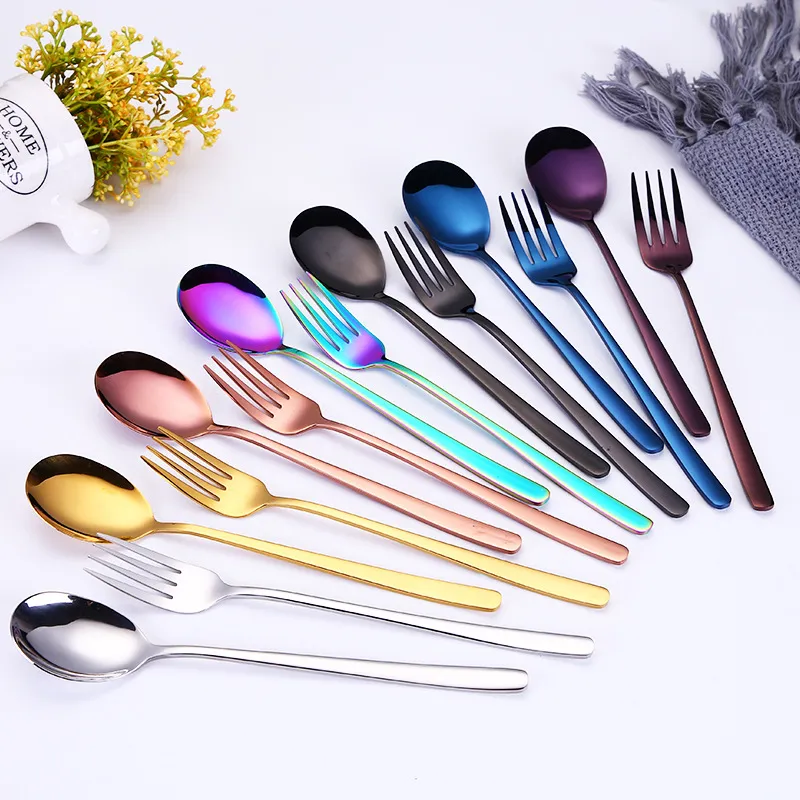 Food Grade stainless steel spoon fork rainbow stirring scoops mug ice scoop dessert ladle spoon Steak Fork home Kitchen Dining Flatware