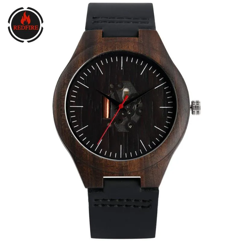 REDFIRE gravure irrégulière cadran creux bois d'ébène montre hommes mouvement à Quartz noir en cuir véritable hommes montre-bracelet boucle ardillon