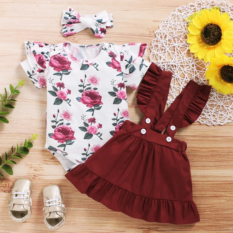 Girls Rose Sunflower Floral Romper Skirt Headband 3pcs Summer Outfit Toddler Kids Clothes