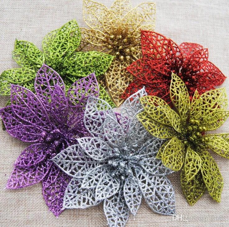 5,9 "Glänsande julblommor Poinsettia Tree Decoration Ornaments Artificial Flowers Festivt Party Supplies