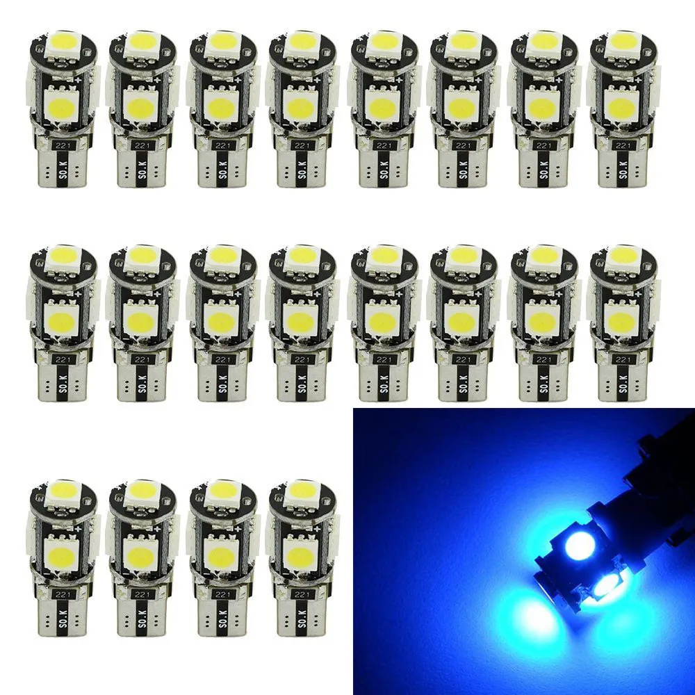 50 stks Auto CANBUS 194 LED-licht 12V Blauw 168 2825 W5W T10 WEDGE 5SMD LED Vervanging Lampen Fout Gratis Auto Dome Map Licent Plate Light