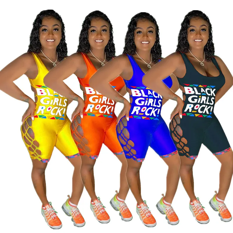 Moda Damskie Kombinezon Czarne Dziewczyny List Drukuj Trendy Bez Rękawów Krótkie Spodnie Pajaciki Letnie One-Piece Body Sportswear Ubrania