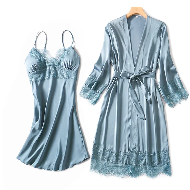 Vêtements de nuit pour femmes soyeux femmes robe de soie robe ensemble été sexy dentelle garniture robe élégante femme pyjamas décontracté ensembles de peignoir