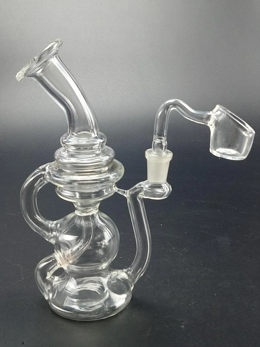 6.3inches Oljeplattform Bent Tube Recyler Glass Bong Hookahs med 14mm Man Quartz Banger