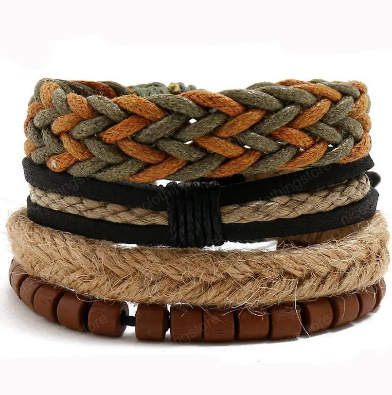 4styles combinação terno tamanho Bracelet 100% pulseira de couro genuíno corda DIY Wax Corda do cânhamo dos homens pode ser ajustada / 1set