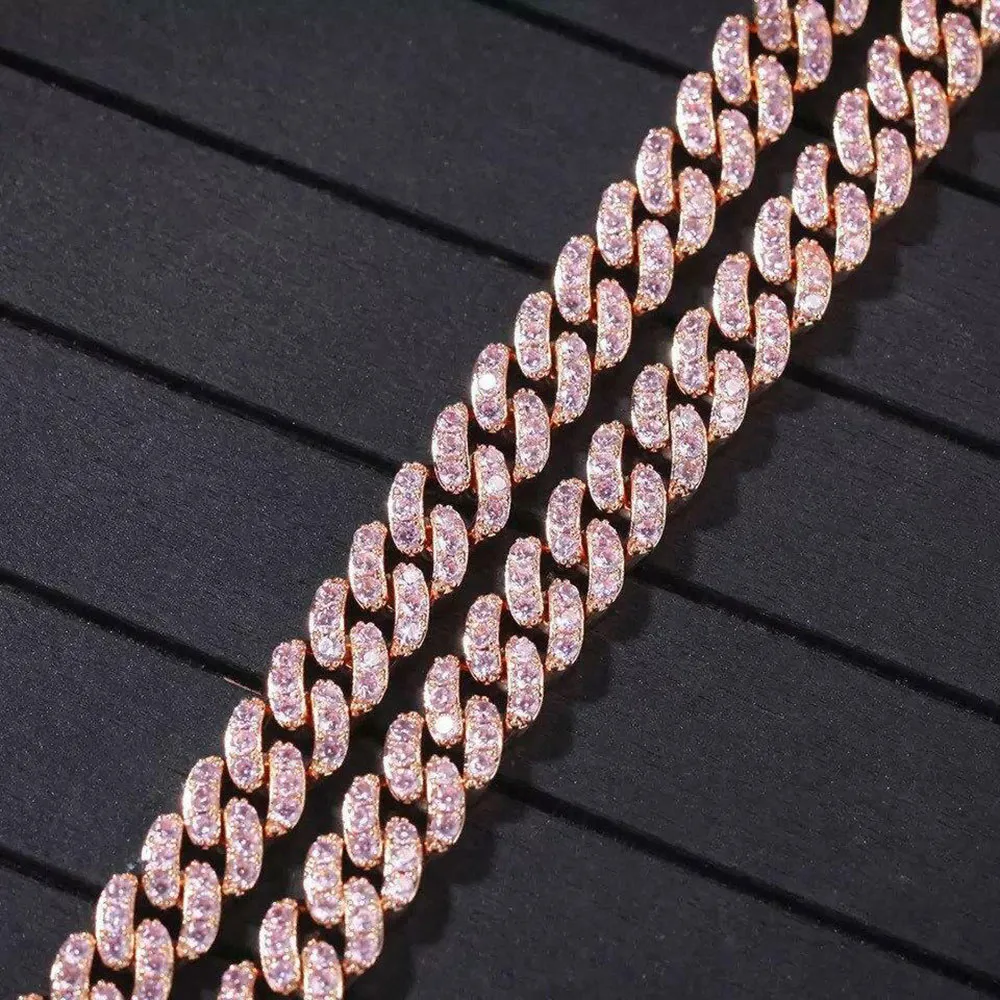 13mm Iced Pink and rose gold cuban Link Chain Choker Necklace Gold Cuban Link Gold Silver Cubic Zirconia Jewelry293H