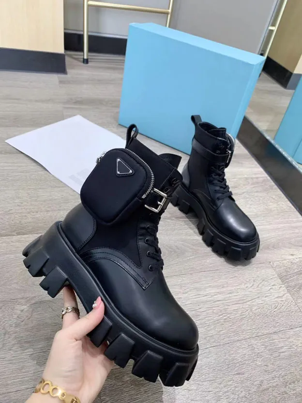 Buty do sprzedaży bezpośredniej Wysokiej Jakości Kobiet Moda Kieszonkowe Buty Czarne Skórzane Tkaniny Lustro Martin Tactical Boot Platforma Muffin Kostka Rozmiar motocykla: 35-41