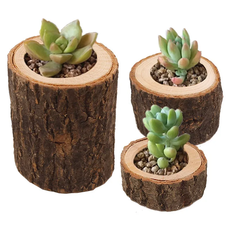 Stump ljushållare 3pcs / set pelare rustik träd trä ljusstake mini blomkruka utomhus trädgårdsuckulenter blomkruka