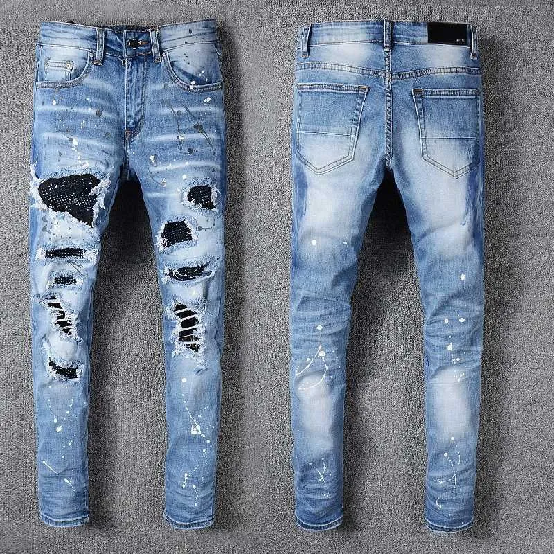 Luxo mens jeans strass retalhos de cristal luz azul rasgado jeans stretch stretch calças de denim hip hop homens