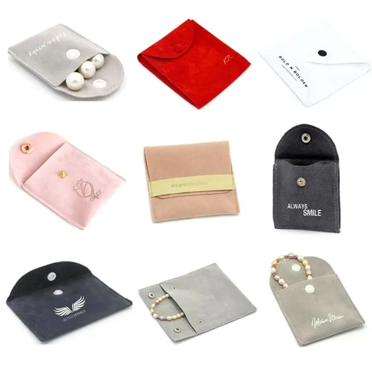 2020 Custom Low Moq Luxury Fold Small Suède Fluwelen Gift Envelop Pouch Mode Sieraden Tas Met Lederen Trekkoord