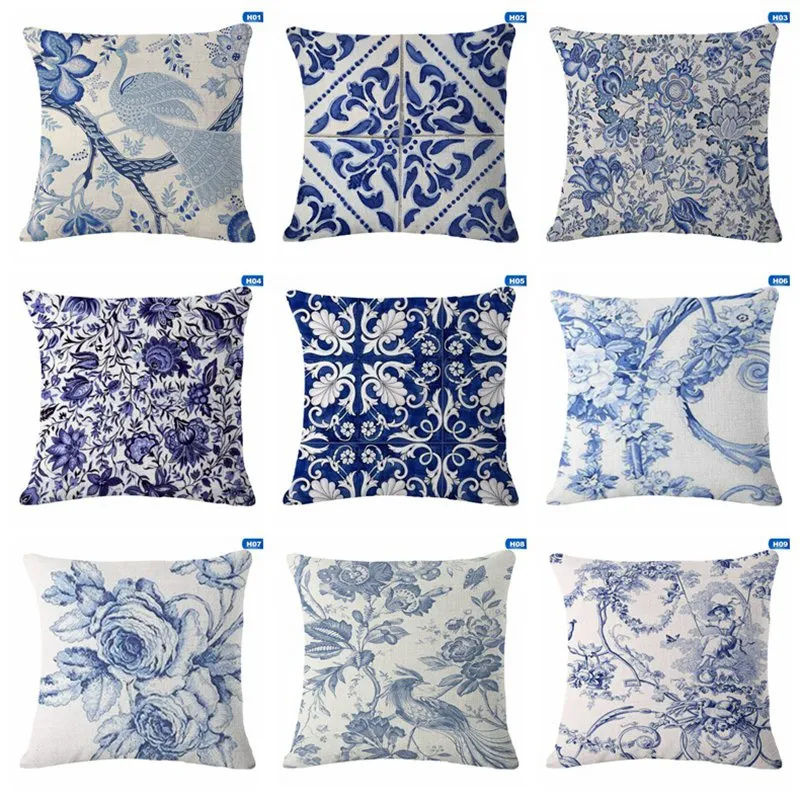 Cushion Covers Blue White Printed Linen Cushion Cover High Quality Sofa