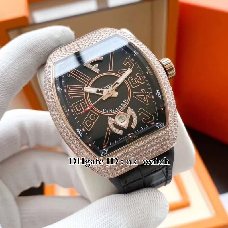 Coleção New Melhor Edição Diamante Bisel de Homens Vanguard V 45 SC DT Automatic Mens Watch Rosa de Ouro Caso Black Dial Gents Relógios de Desporto