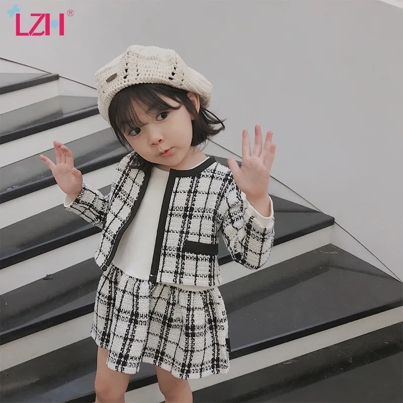 LZH 2020 Autumn Fashion Children Girls Clothing Plaid Coat+Long-Leeved Dress 2st.