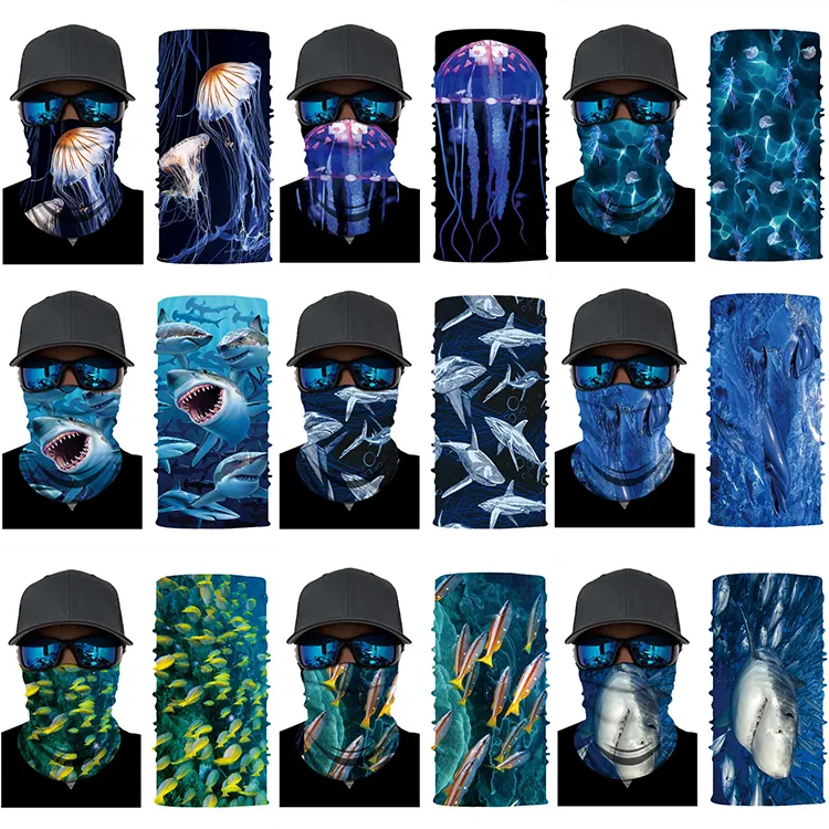 3D Seamless Printed Scarf Multifuction Ocean Theme Printed Fish Jellyfish Shark Stars Digital Half Face Mask Outdoor Face shield M182