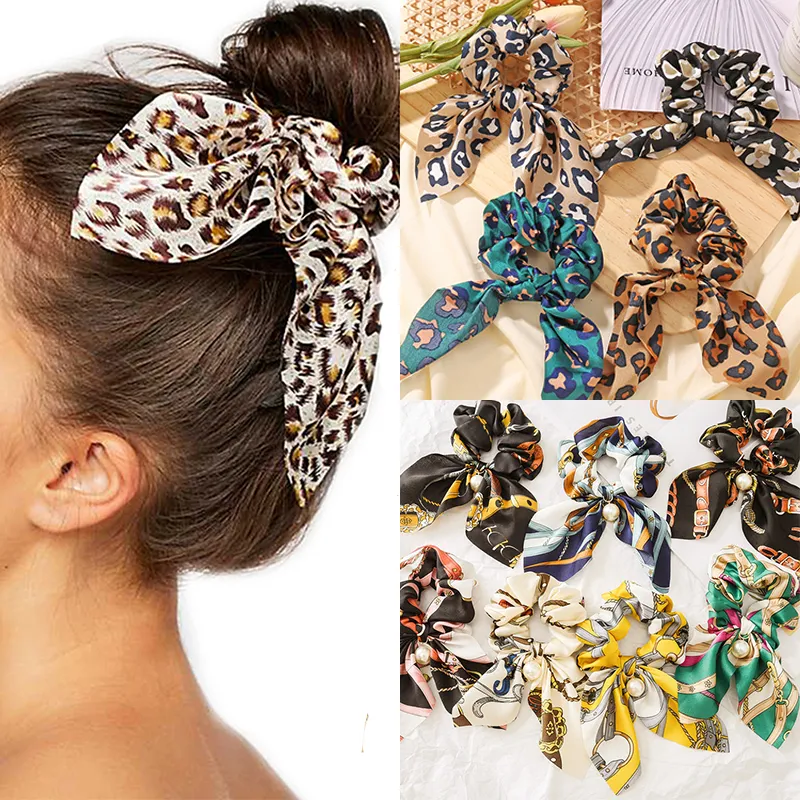 100 st / lot dam scrunchies leopard båge scrunchies för kvinnor hår scrunchie ponny svans hållare elastiska gummi hårband hår tillbehör